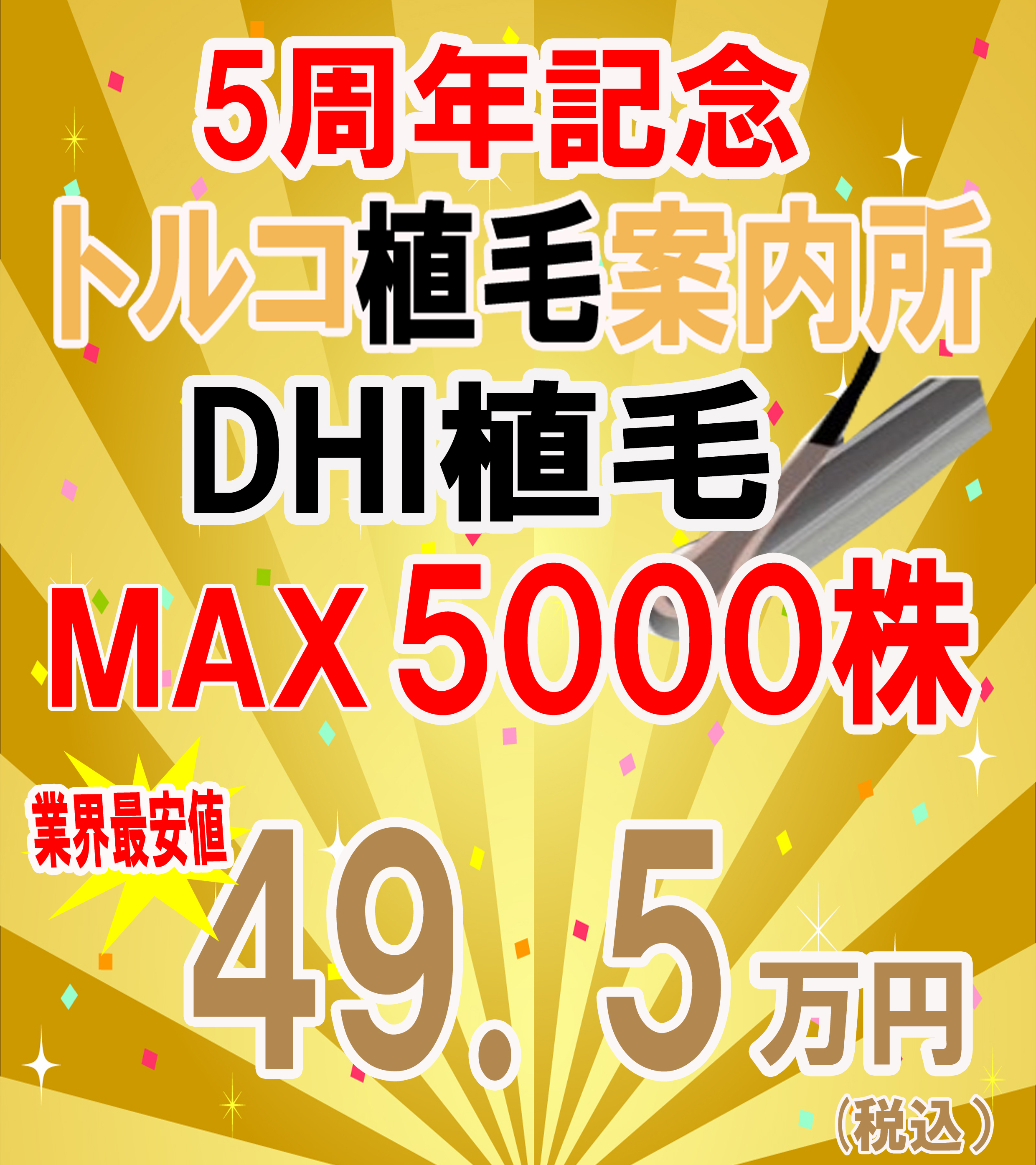 5周年記念トルコ植毛案内所/DHI植毛/MAX5000株/49.5万円（税込み）